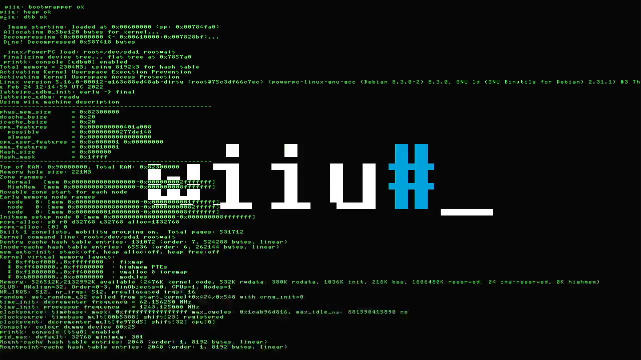 Screenful of text, Linux 5.16.0 booting on wiiu (page 1)